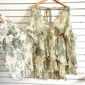 ASOS Mini Dress Ruffled Green Floral Print Dress with Flowy Sleeves Chiffon